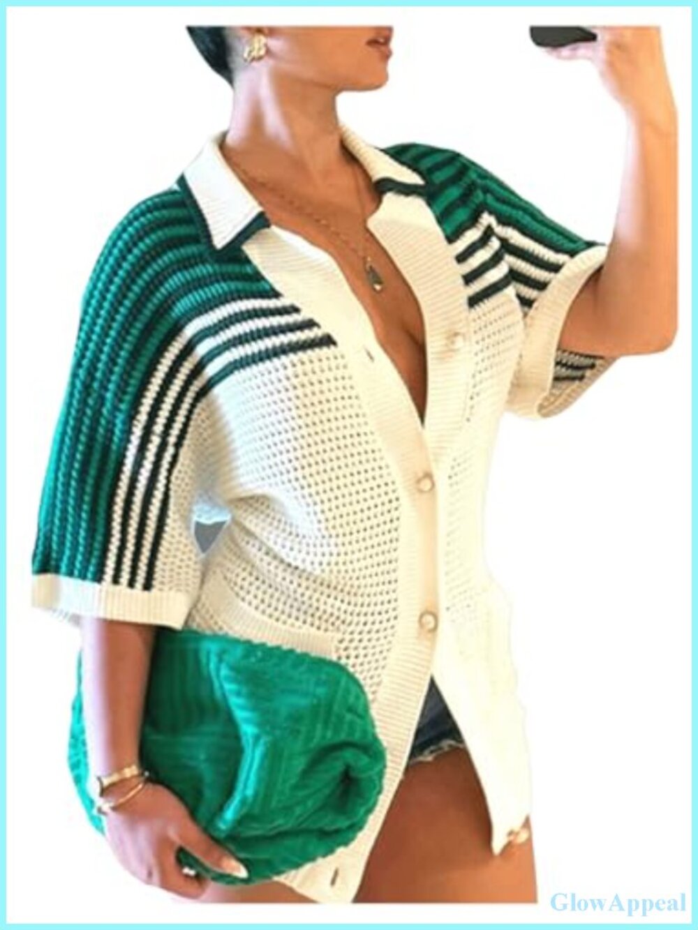Striped Crochet Cardigan Sweater Short Sleeve Hollow Out Knit Top